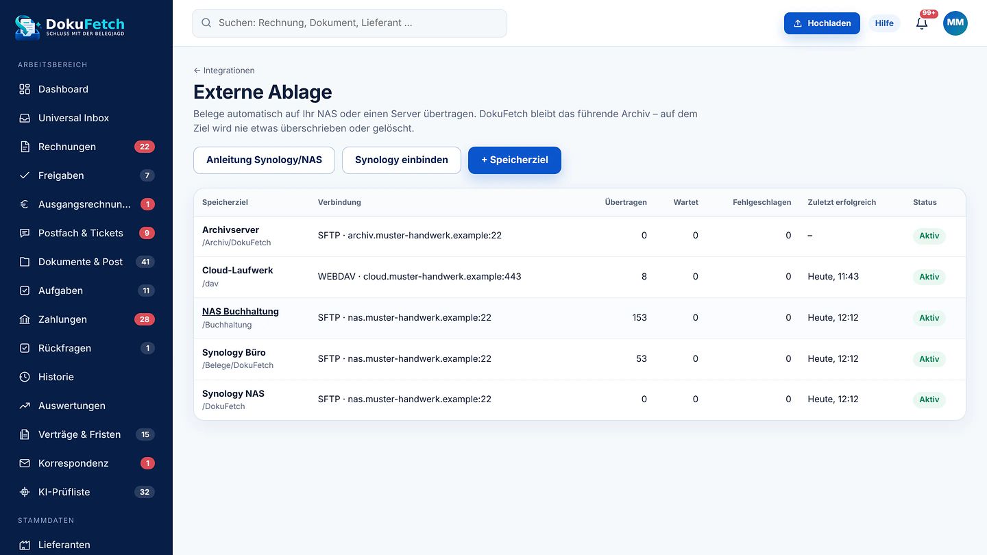 Externe Ablage in DokuFetch mit Speicherzielen und Status