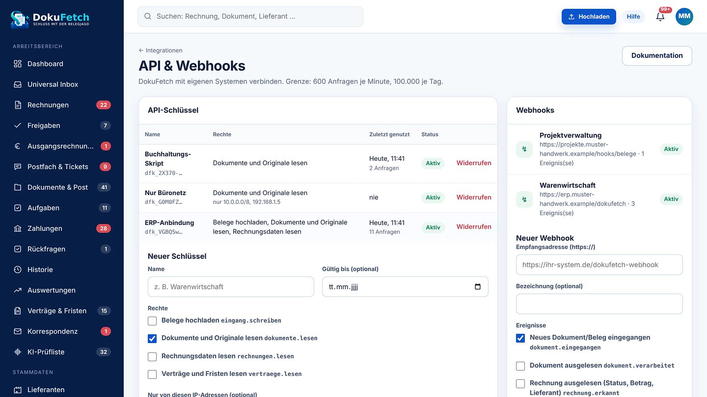 API & Webhooks in DokuFetch mit API-Schlüsseln, Rechten je Schlüssel und eingerichteten Webhooks