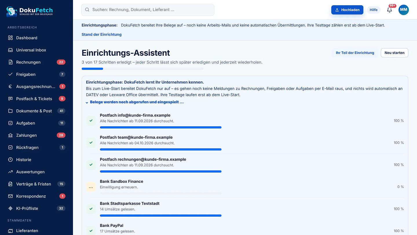 Einrichtungs-Assistent in DokuFetch mit Fortschritt des Anlernens je Postfach und Konto