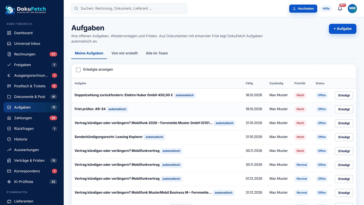 Aufgaben in DokuFetch mit Fälligkeit, Zuständigkeit und Priorität