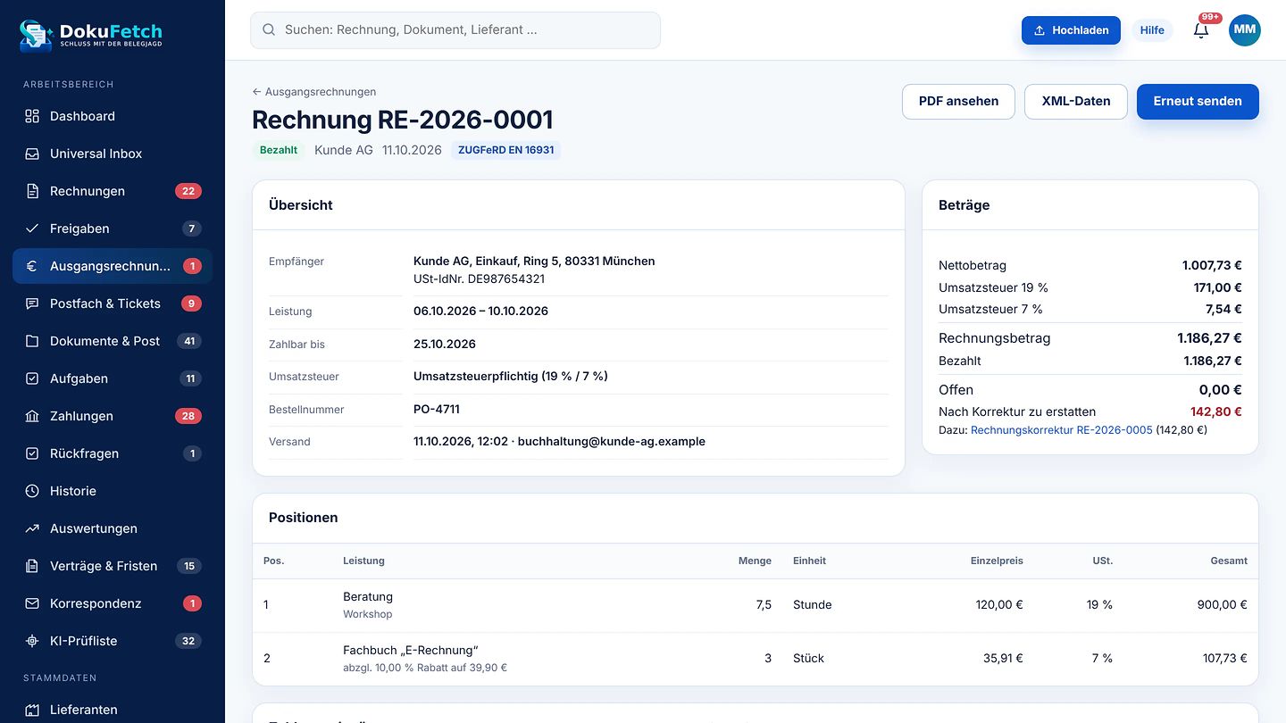 E-Rechnung im Format ZUGFeRD EN 16931 in DokuFetch mit Beträgen und Positionen