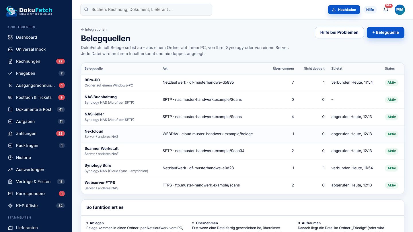 Belegquellen in DokuFetch: PC, Synology, Nextcloud und Webserver mit Status