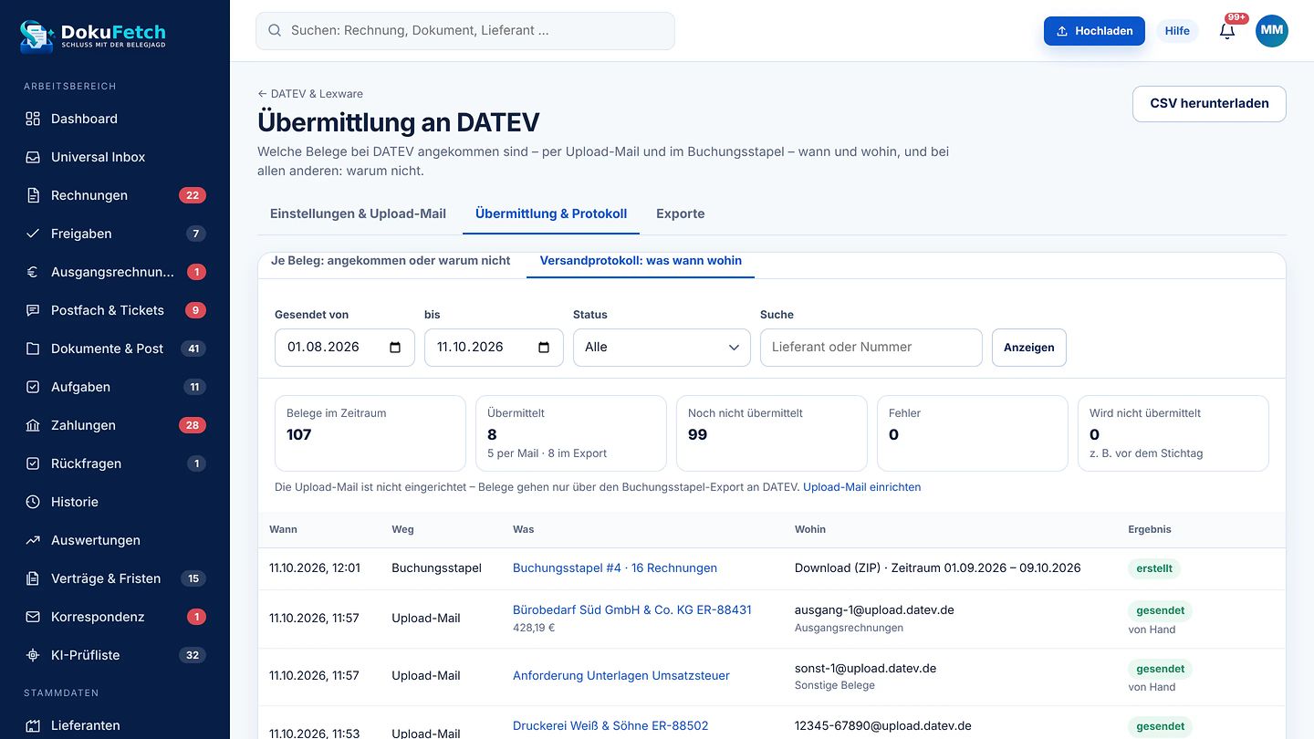 DATEV-Übermittlung in DokuFetch: Versandprotokoll mit Zeitpunkt, Weg (Upload-Mail oder Buchungsstapel), Beleg, Ziel und Ergebnis
