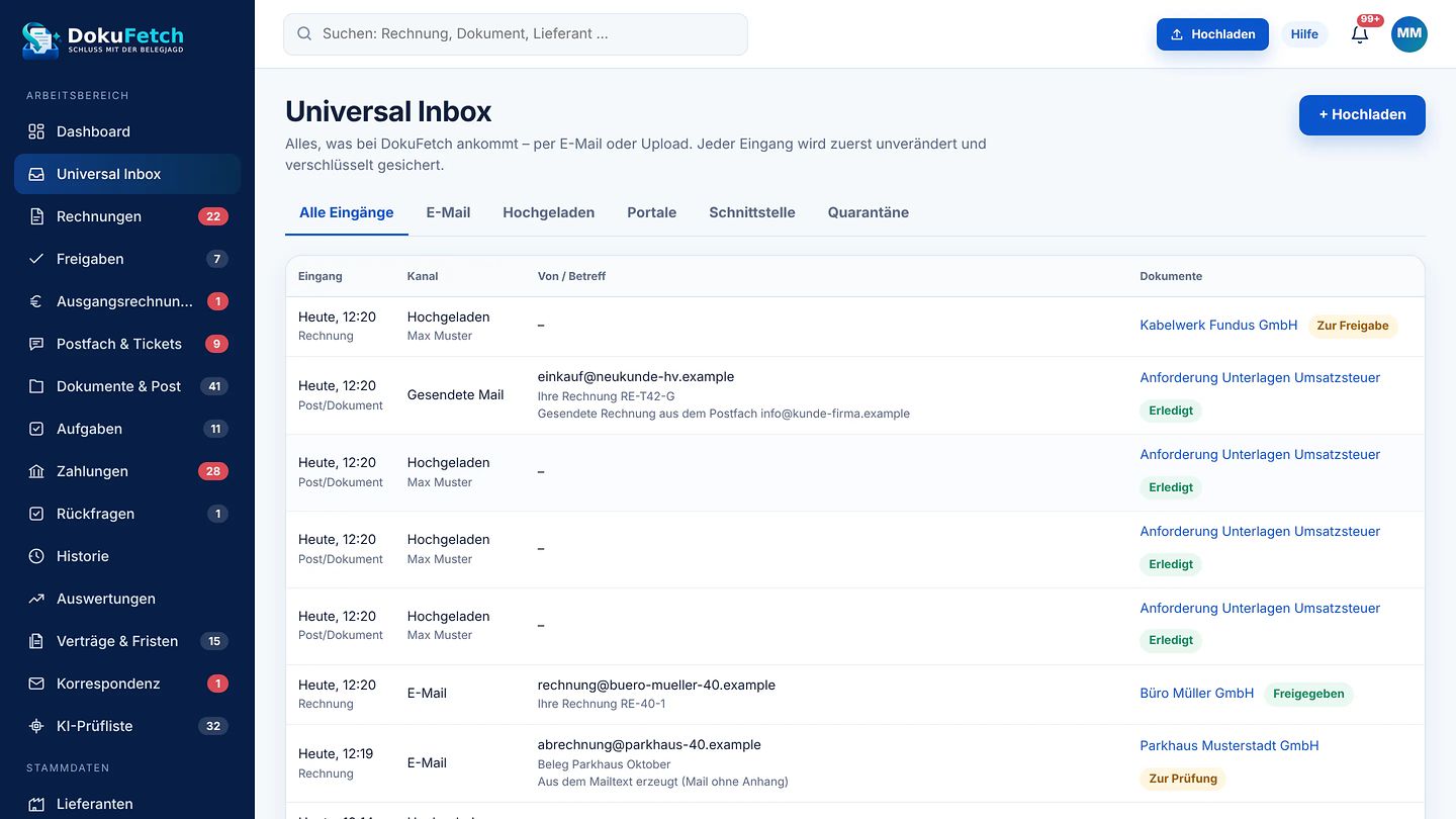 Universal Inbox in DokuFetch mit allen Eingängen und erkannten Dokumenten