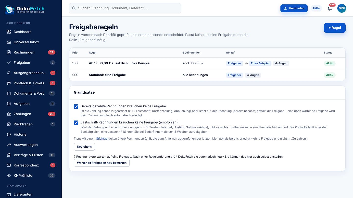 Freigaberegeln mit Betragsgrenze, Vier-Augen-Prinzip und Grundsätzen für bezahlte und Lastschrift-Rechnungen