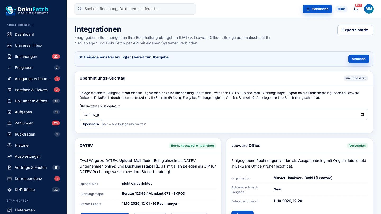Integrationen in DokuFetch mit Übermittlungs-Stichtag und Karten für DATEV und Lexware Office