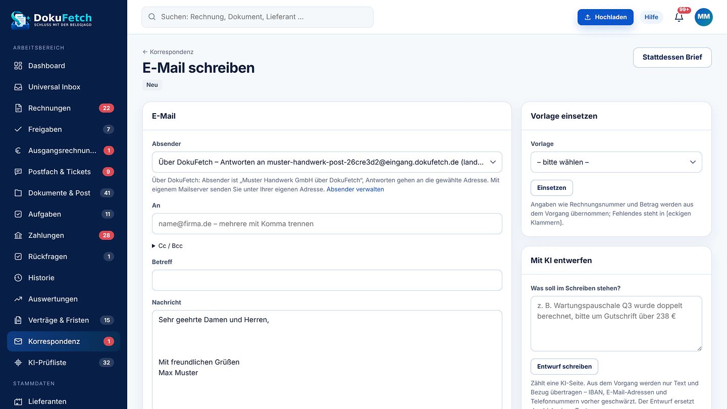 E-Mail schreiben in DokuFetch mit Vorlagen und KI-Entwurf