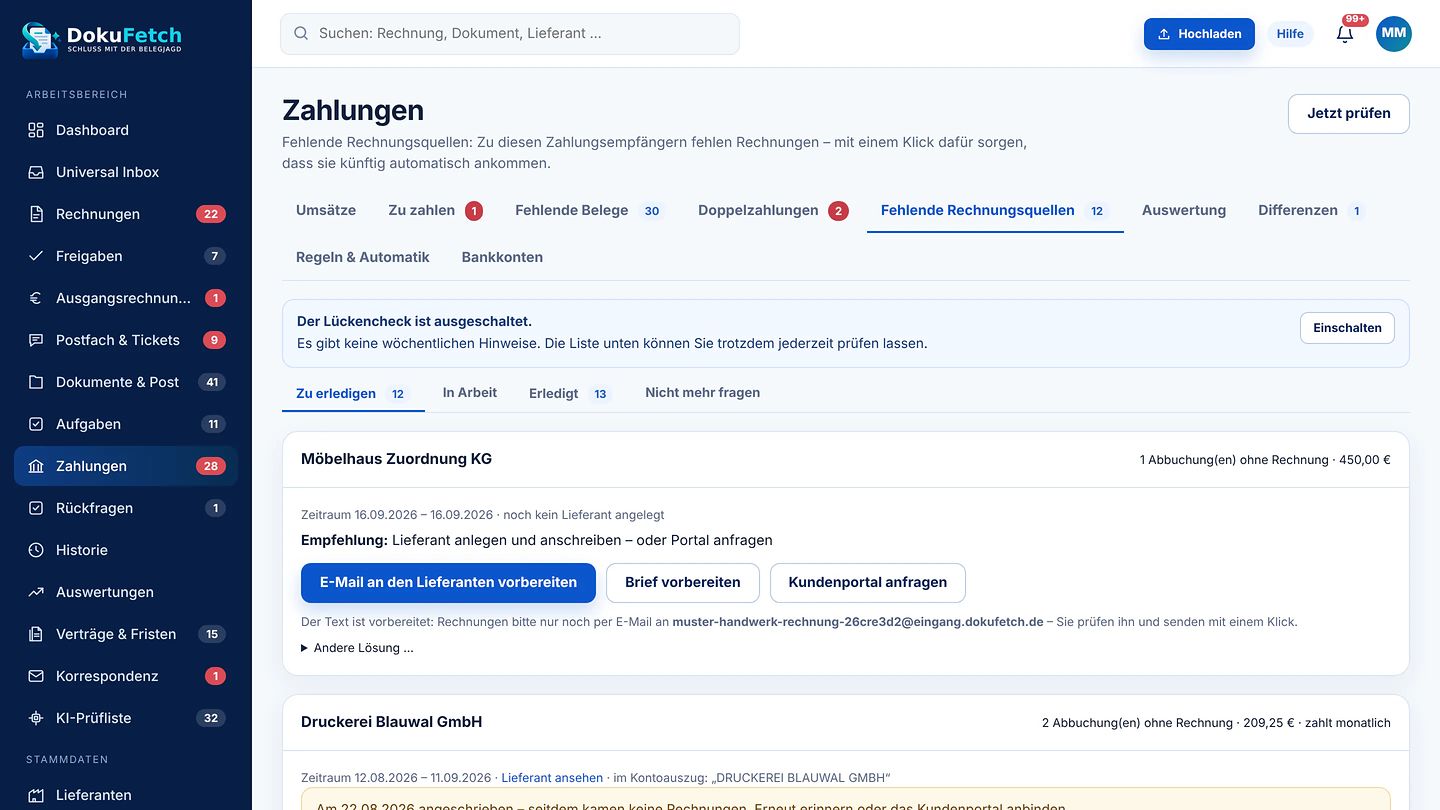Ansicht „Fehlende Rechnungsquellen“ mit Empfehlung, den Lieferanten per E-Mail oder Brief anzuschreiben