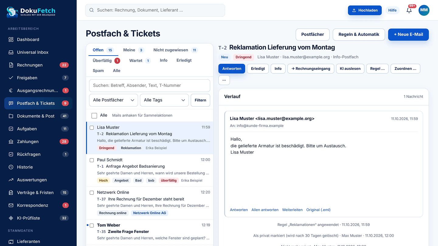 Postfach & Tickets in DokuFetch mit Ansichten, Mailliste und geöffneter Mail