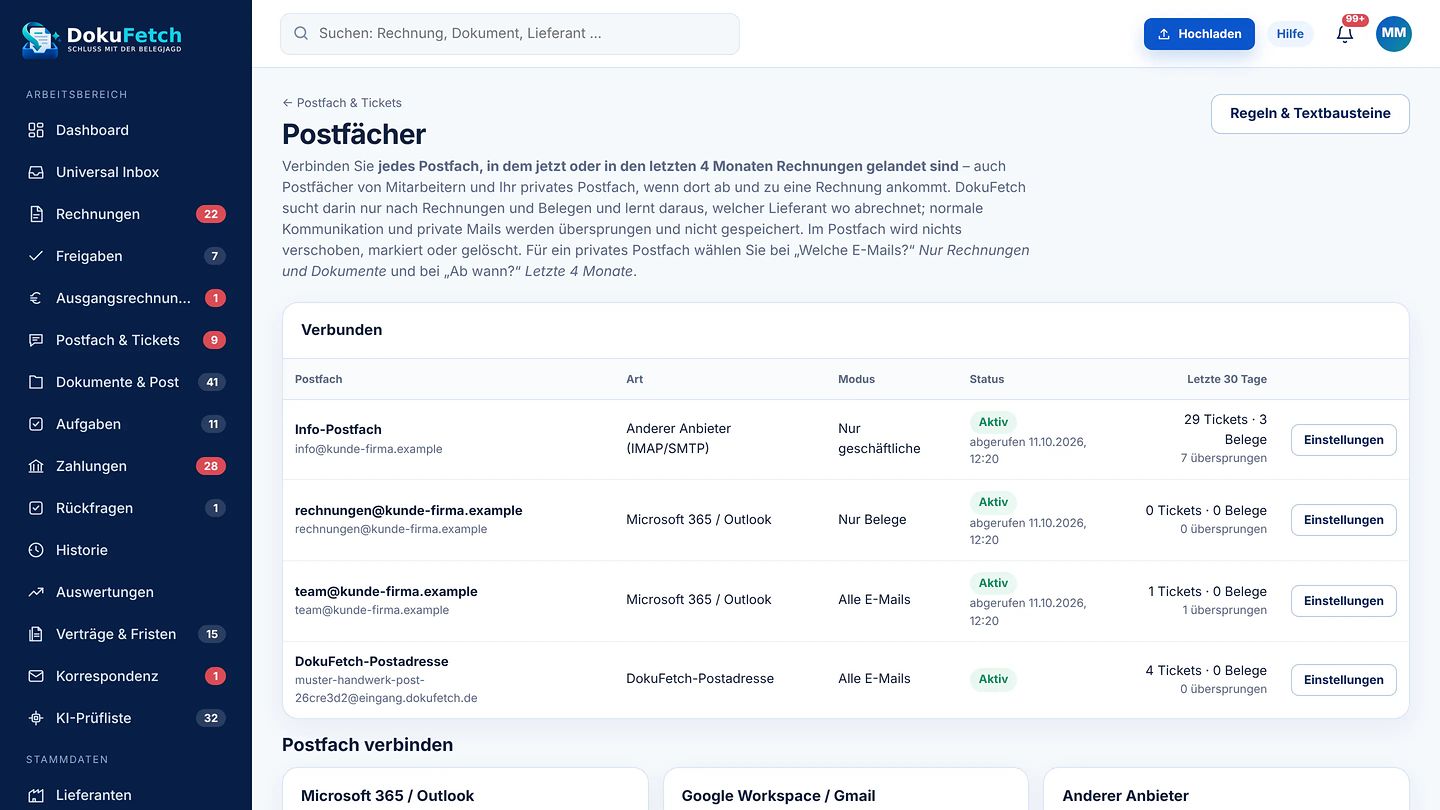 Verbundene Postfächer in DokuFetch mit Modus, Status und übernommenen Belegen