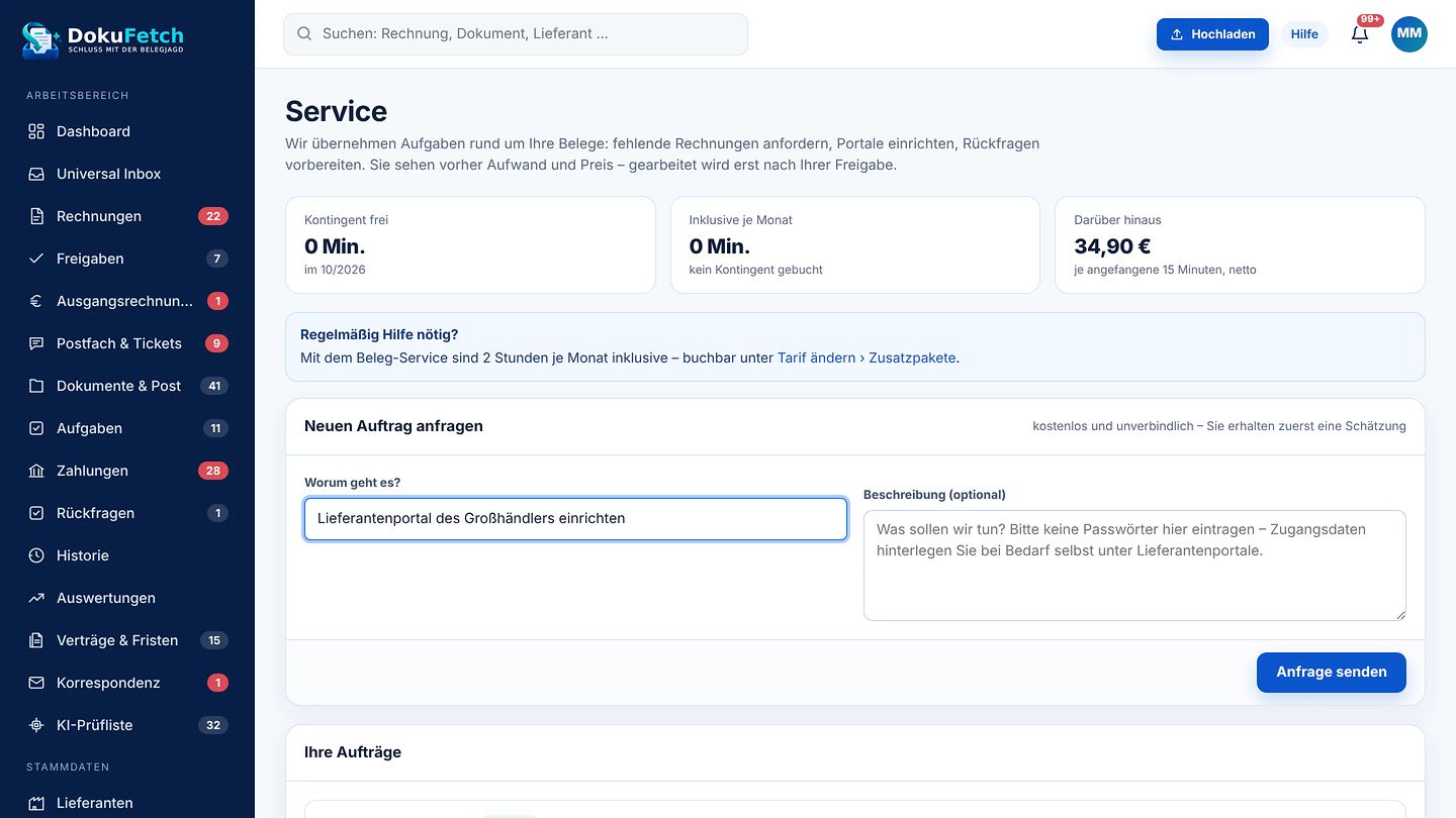 Service-Seite in DokuFetch mit Kontingent, Preis je 15 Minuten und Formular „Neuen Auftrag anfragen“