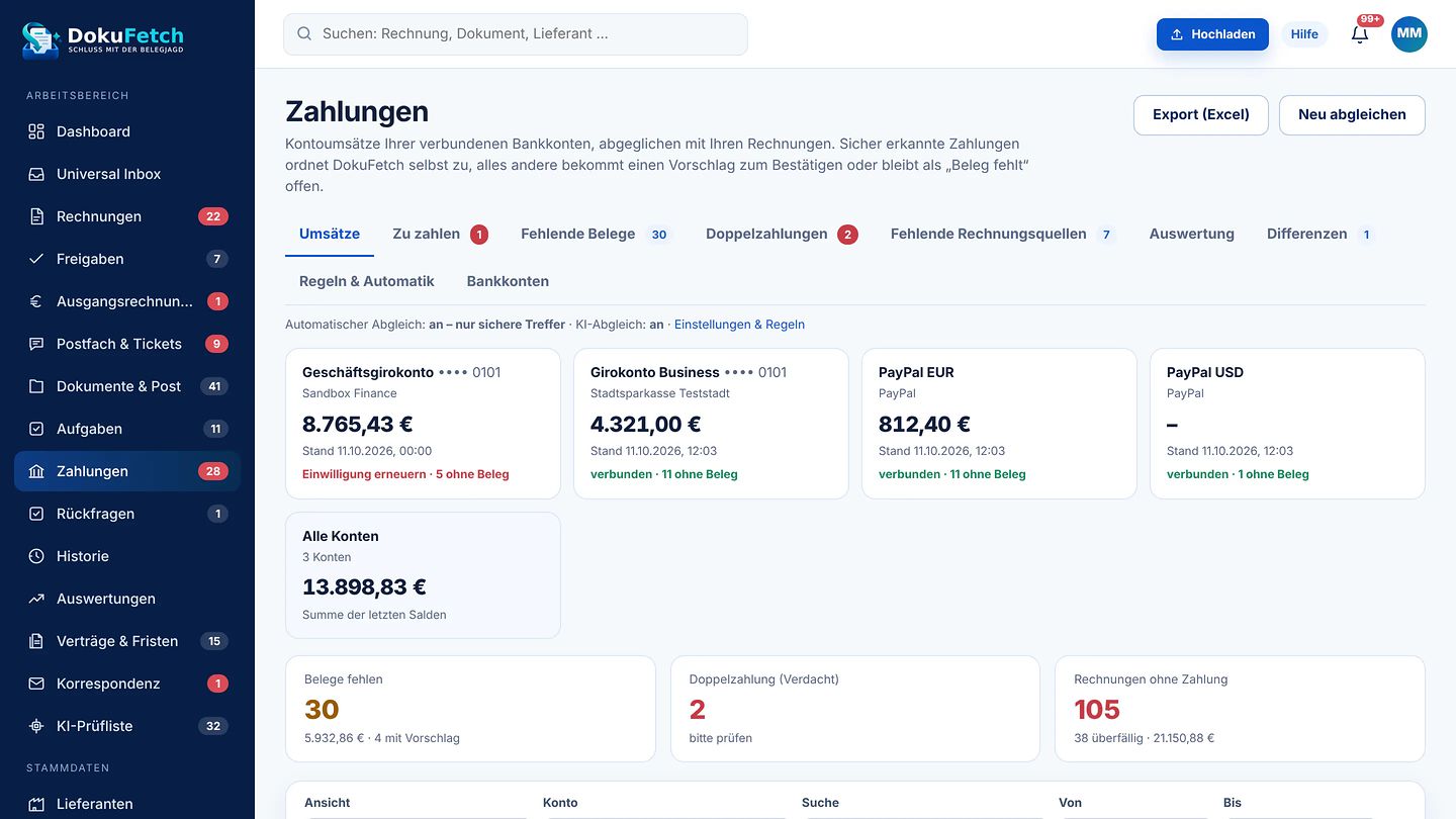Kontoumsätze in DokuFetch mit PayPal-Konten in Euro und US-Dollar und dem erkannten Händler je Zahlung