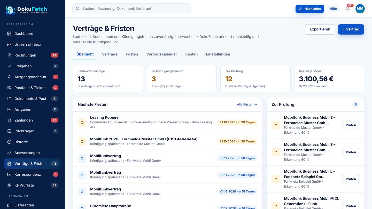 Verträge & Fristen in DokuFetch mit Kündigungsfenstern, Kosten und nächsten Fristen