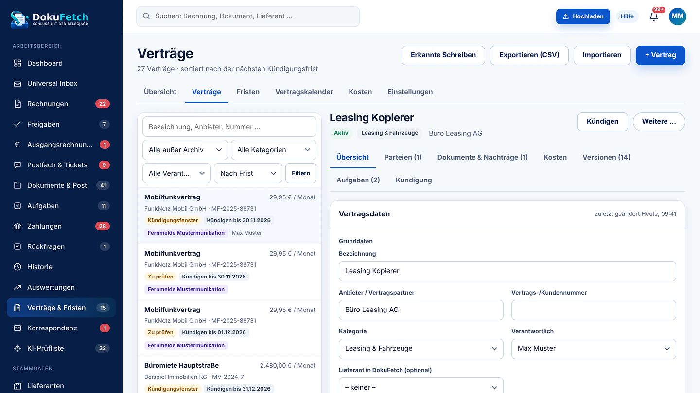 Vertragsdetails in DokuFetch mit Reitern Übersicht, Parteien, Dokumente, Kosten und Versionen