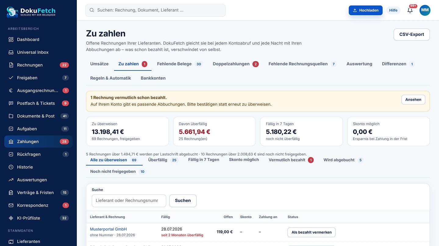 Zu zahlen in DokuFetch mit Summen, Skonto und Hinweis auf vermutlich bezahlte Rechnungen